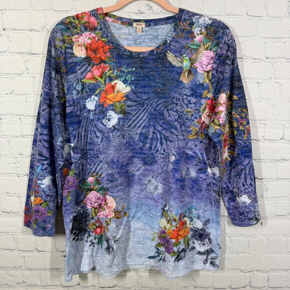 Reba Blouse Women Large Floral Bird Tropical Prairie Stretch All Over Printed - Picture 1 of 14